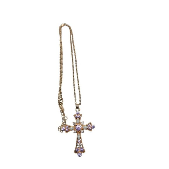Sparkling Purple Rhinestone & Faux Opal Cross Pendant Necklace 19" Gold Plated - Picture 11 of 16